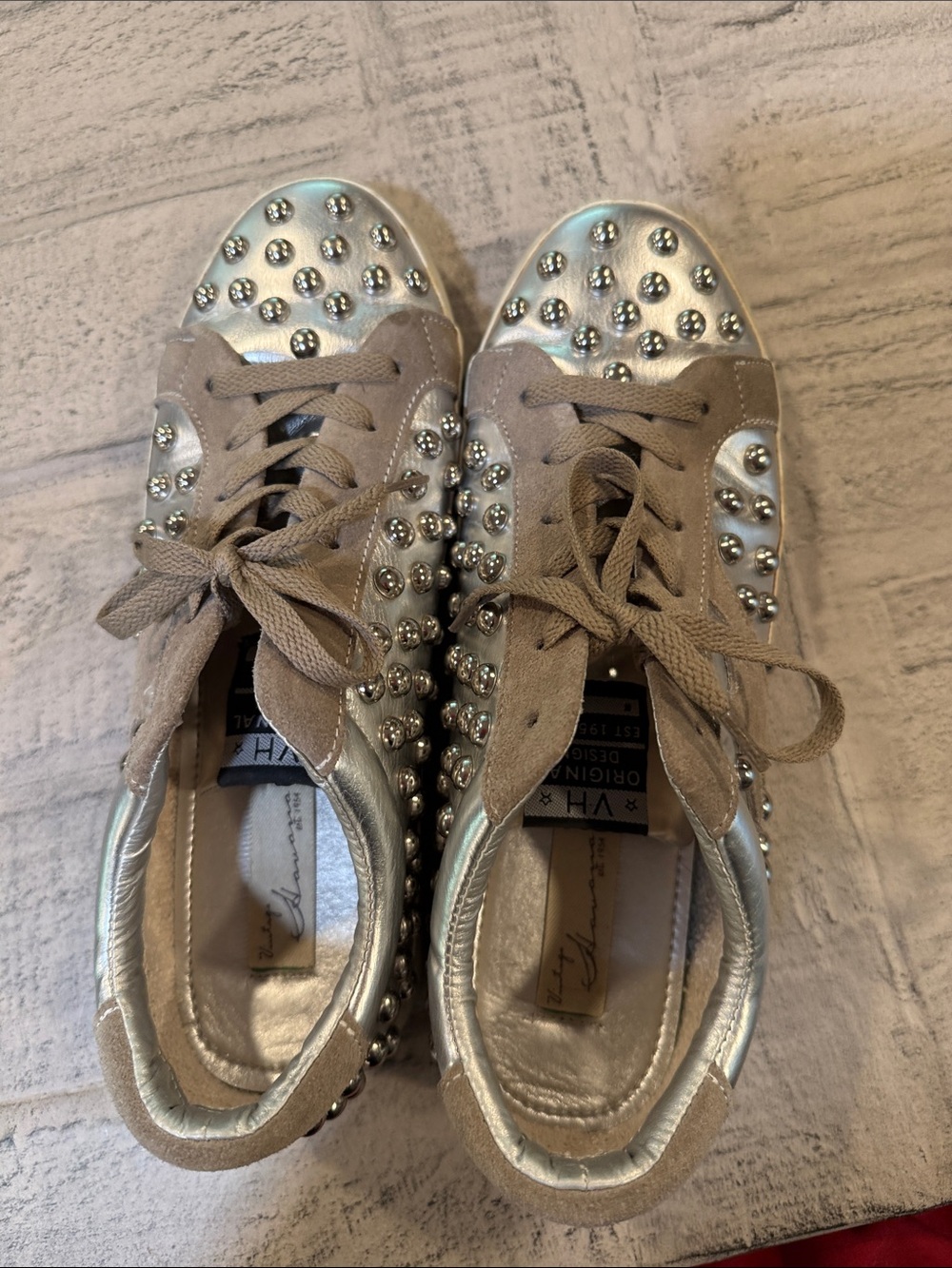 Vintage Havana Silver and Taupe Studded Lace-Up Sneakers